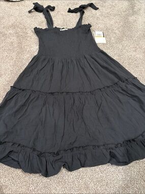 Miken Girls Black Smocked Tiered Sundress with Tie-Shoulder Straps